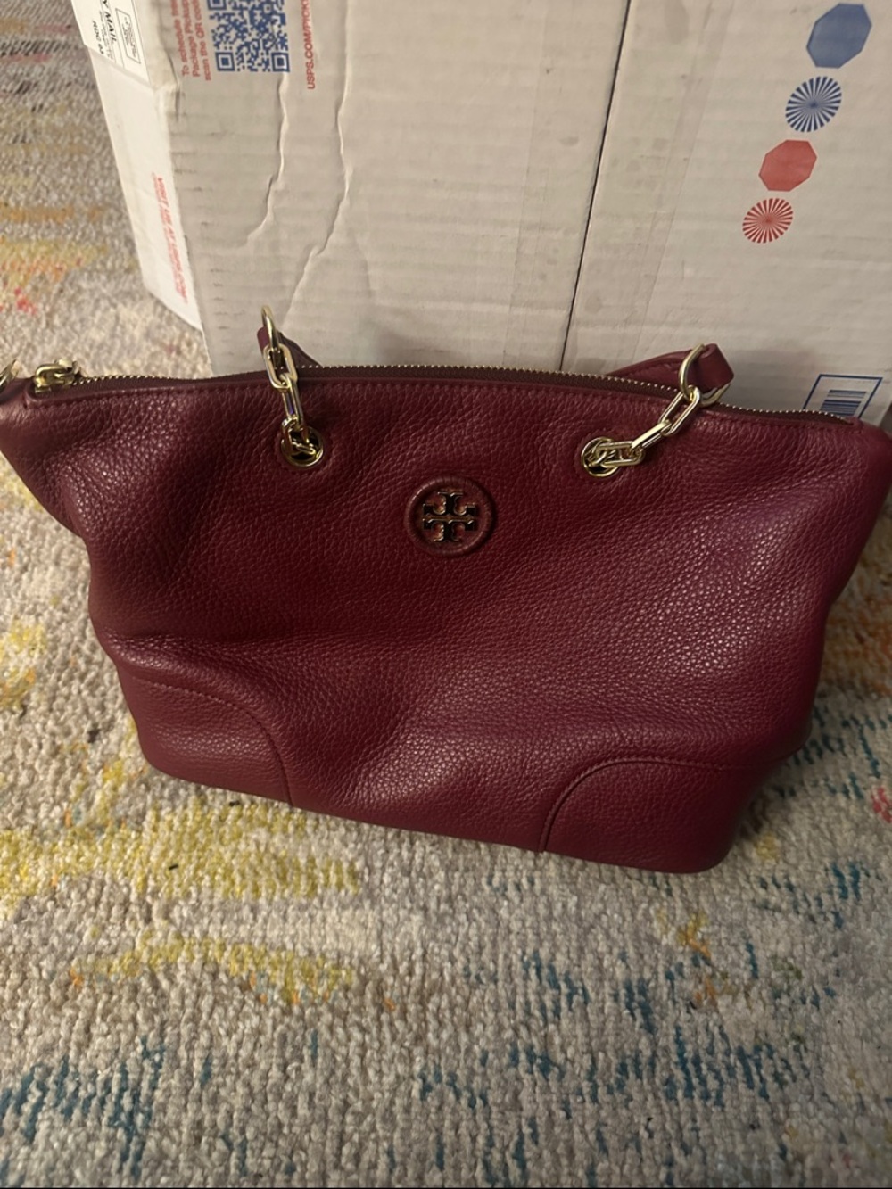 Tory Burch Wine Red Pebbled Leather Shoulder Bag with Gold Hardware